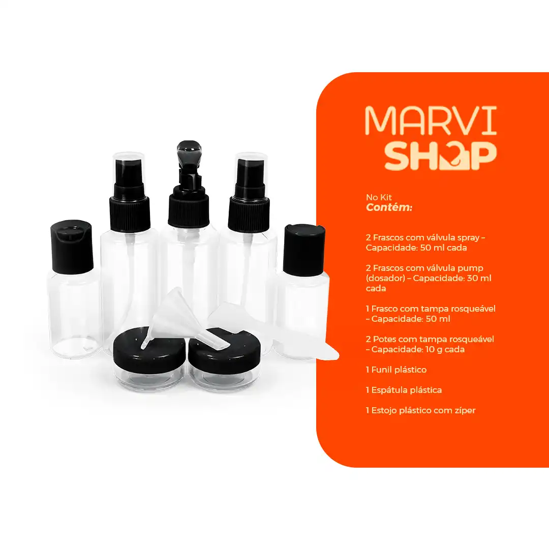 KIT FRASCOS PARA VIAGEM 10 PEÇAS COM ESTOJO – PRETO PRÁTICO E COMPACTO