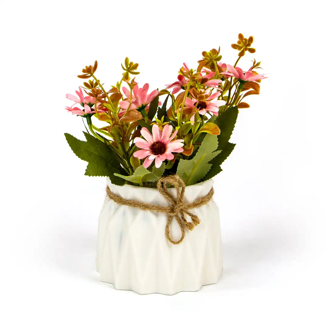 VASO DECORATIVO BRANCO COM FLORES ARTIFICIAIS ROSA – 20 CM


