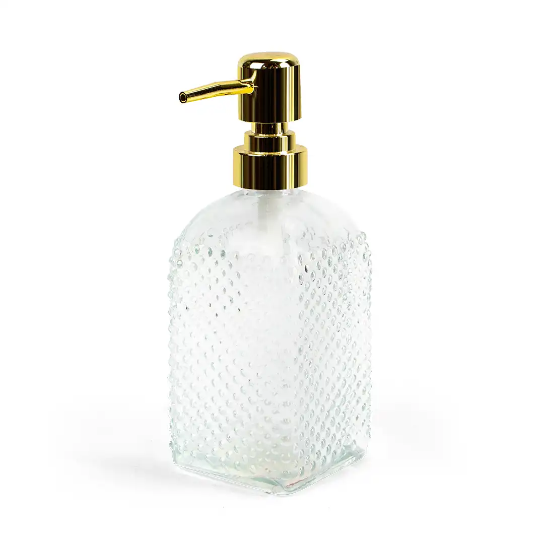 DISPENSER DE SABONETE LÍQUIDO EM VIDRO COM BICO PUMP DOURADO