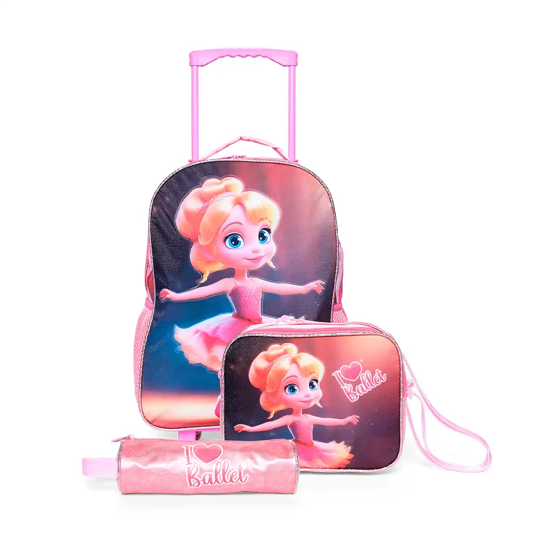 MOCHILA INFANTIL COM RODINHAS 3 PEÇAS - ROSA CLARO