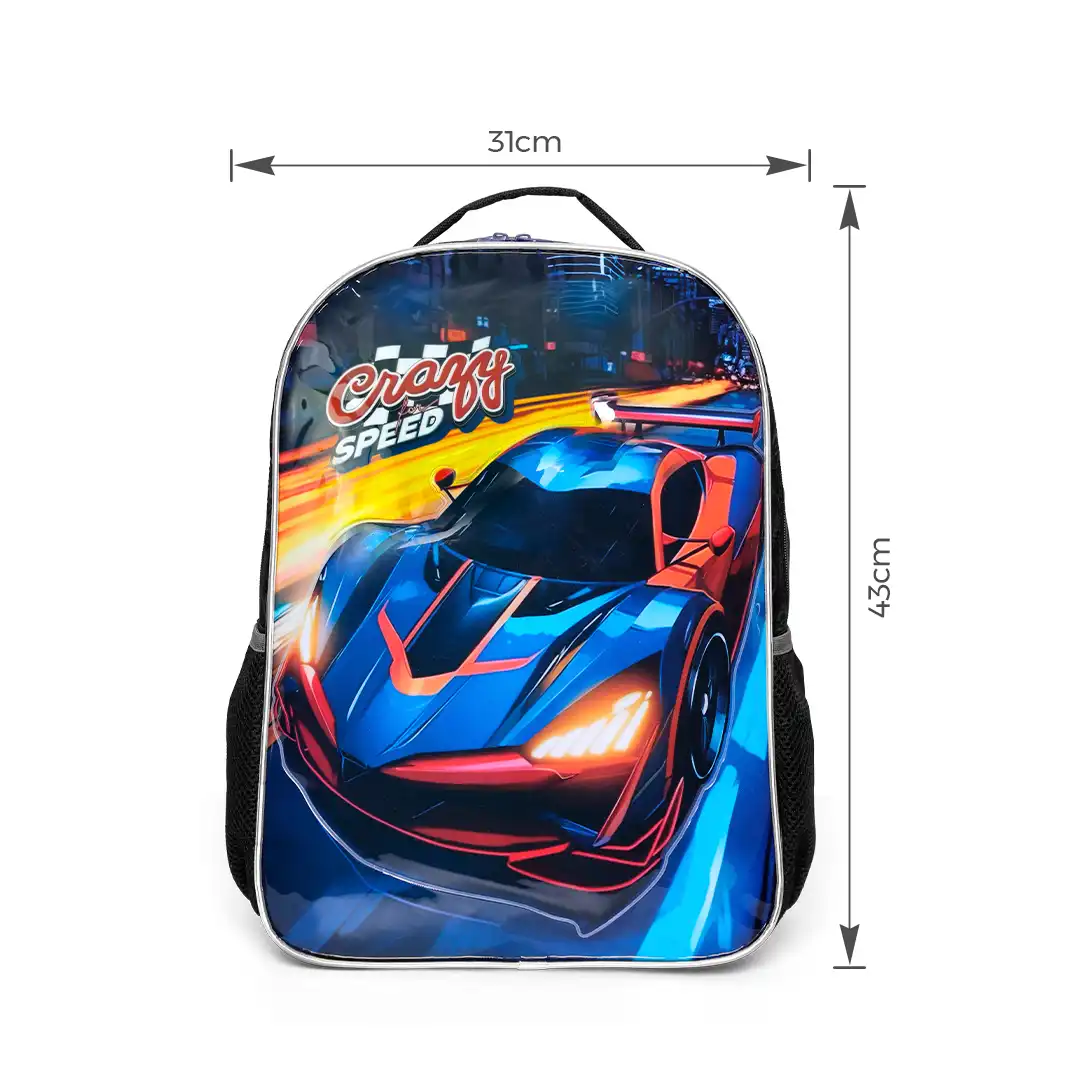 MOCHILA INFANTIL CRAZY SPEED CARRO ESPORTIVO 43CX31CM PRETO