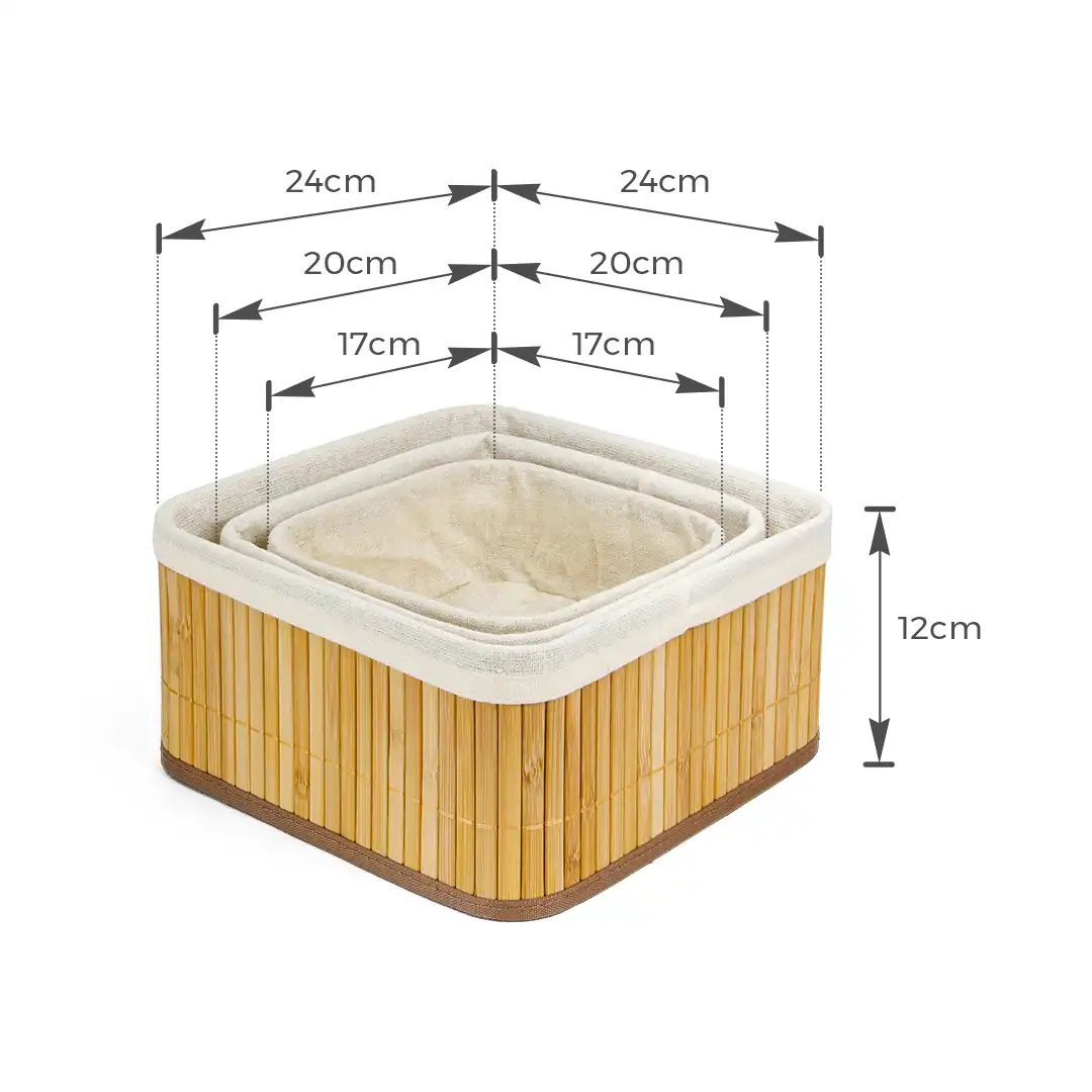 KIT CESTOS ORGANIZADORES DE BAMBU COM FORRO DE ALGODÃO - 3 PEÇAS