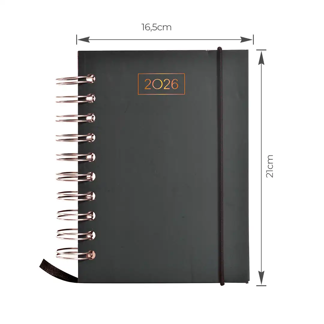 AGENDA ESPIRAL 2026 COM CAPA DURA E ELÁSTICO 15x21CM – SORTIDAS