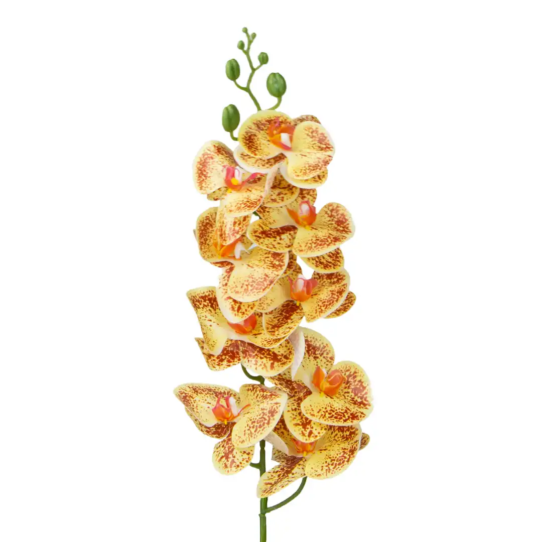 HASTE FLOR ARTIFICIAL ORQUÍDEA MARROM DETALHES AMARELOS EM PLÁSTICO 95CM DE ALTURA