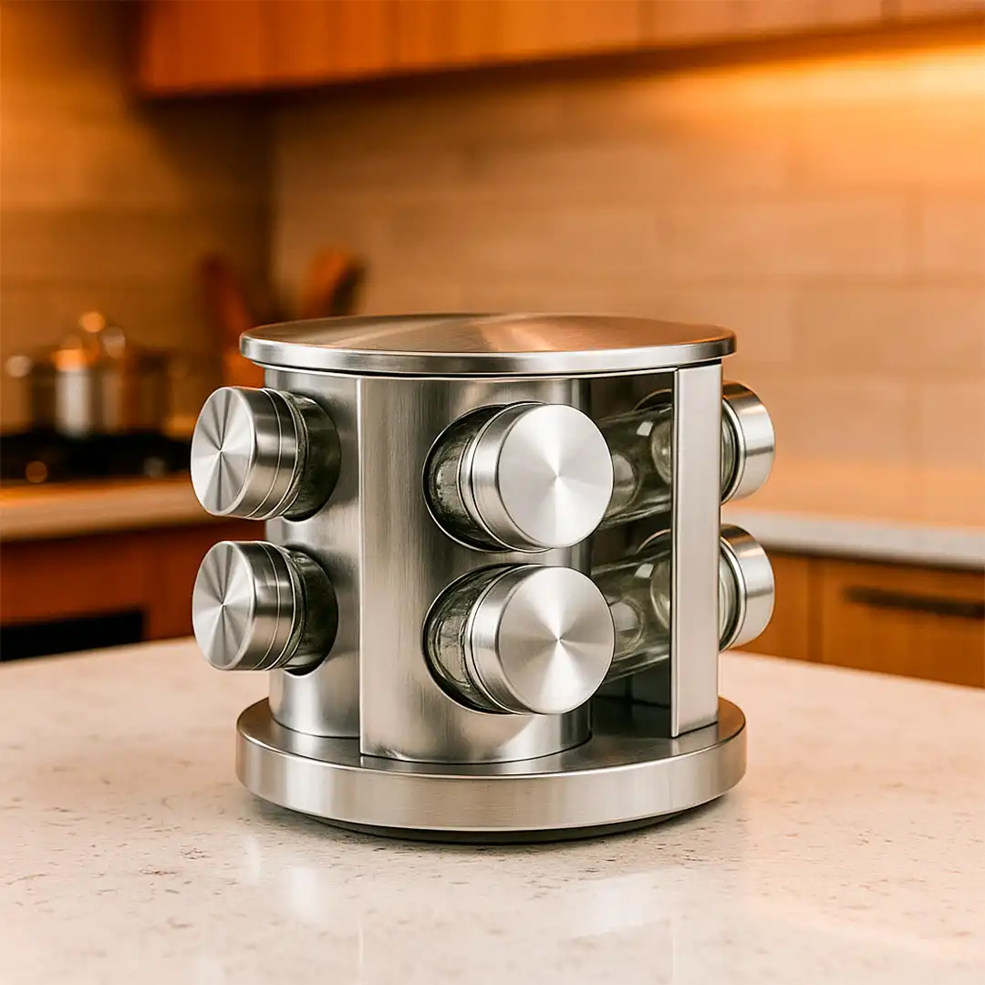 PORTA TEMPEROS COM BASE GIRATÓRIA – INOX + 8 FRASCOS DE VIDRO 90ML