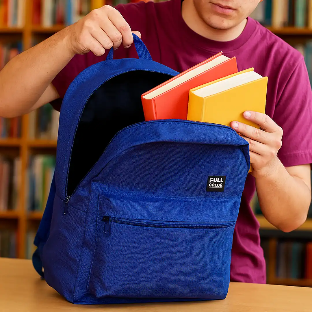 MOCHILA ESCOLAR SIMPLES EM POLIÉSTER AZUL 2 BOLSOS 45CM X 30CM 