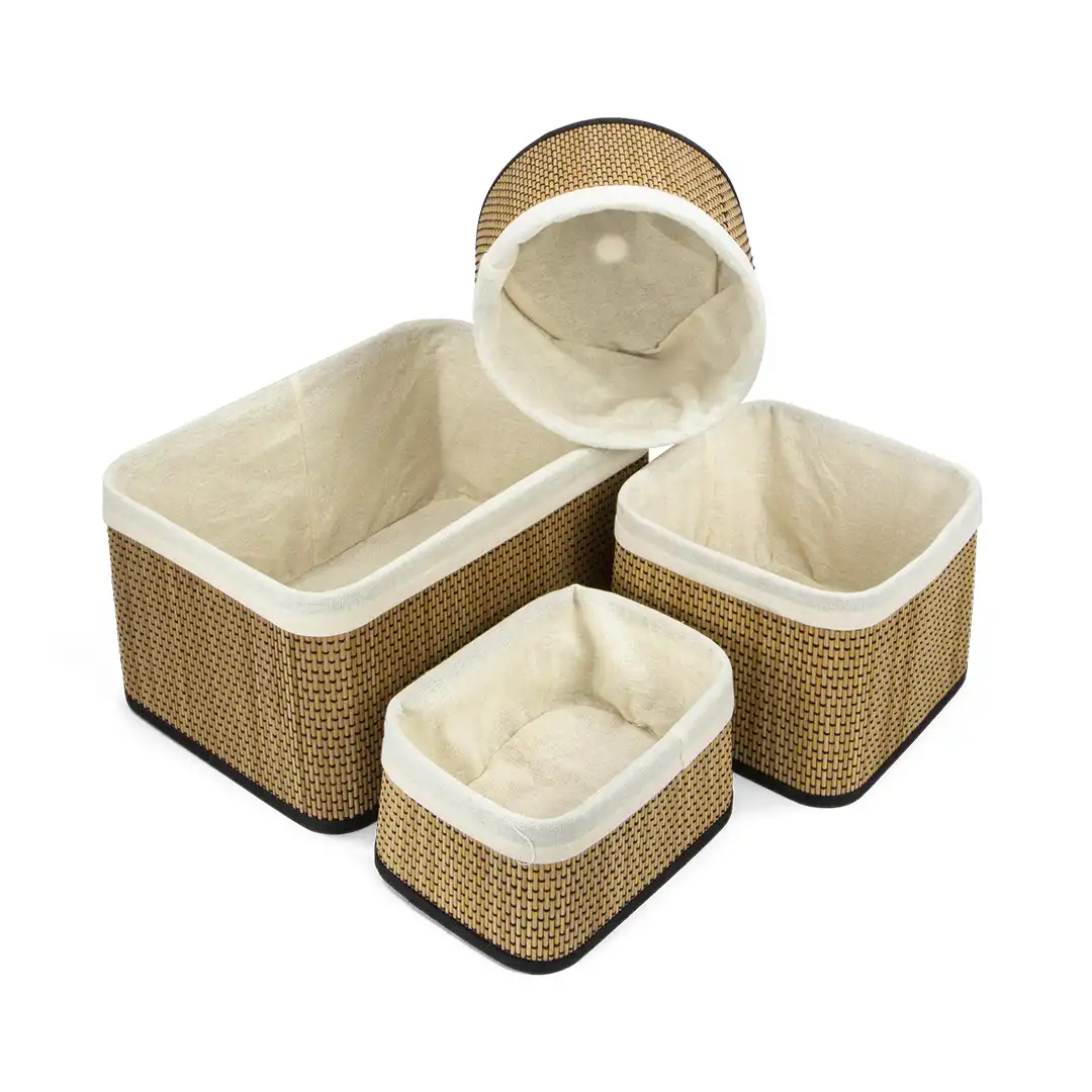 KIT CESTOS ORGANIZADORES DE BAMBU COM FORRO DE ALGODÃO - 4 PEÇAS