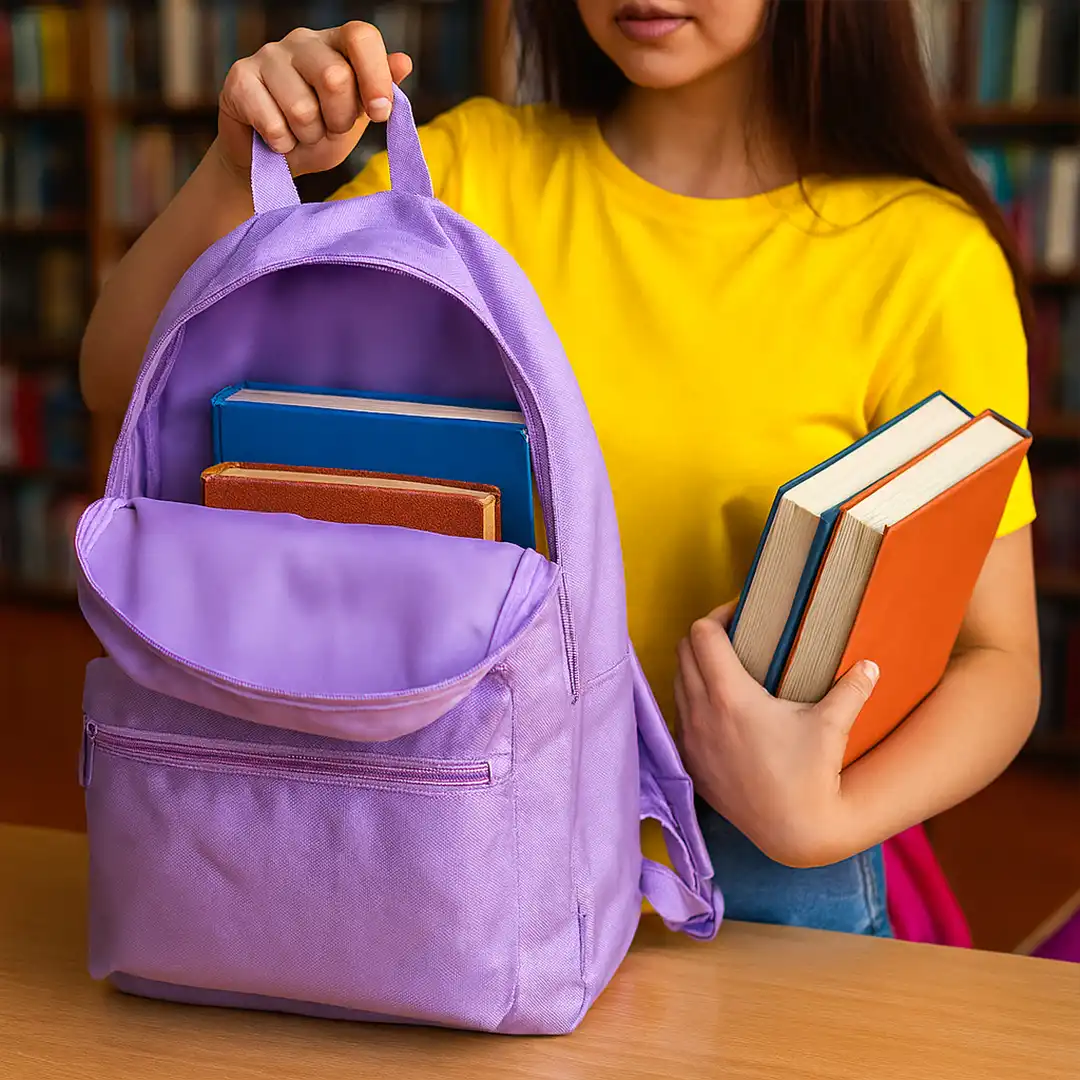 MOCHILA ESCOLAR SIMPLES EM POLIÉSTER LILÁS 2 BOLSOS 45CM X 30CM