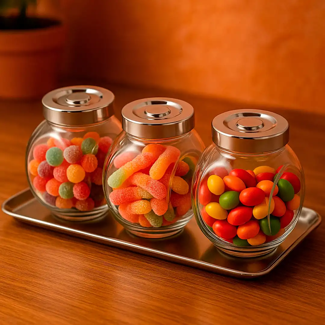 BALEIRO EM VIDRO COM TAMPA PLÁSTICA CROMADA 400ML – KIT COM 3 UNIDADES