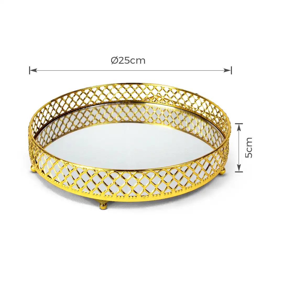 BANDEJA DECORATIVA ESPELHADA DOURADA CIRCULAR 25CM