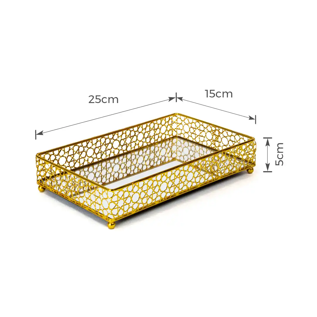 BANDEJA DECORATIVA ESPELHADA RETANGULAR EM METAL DOURADO 25X15CM