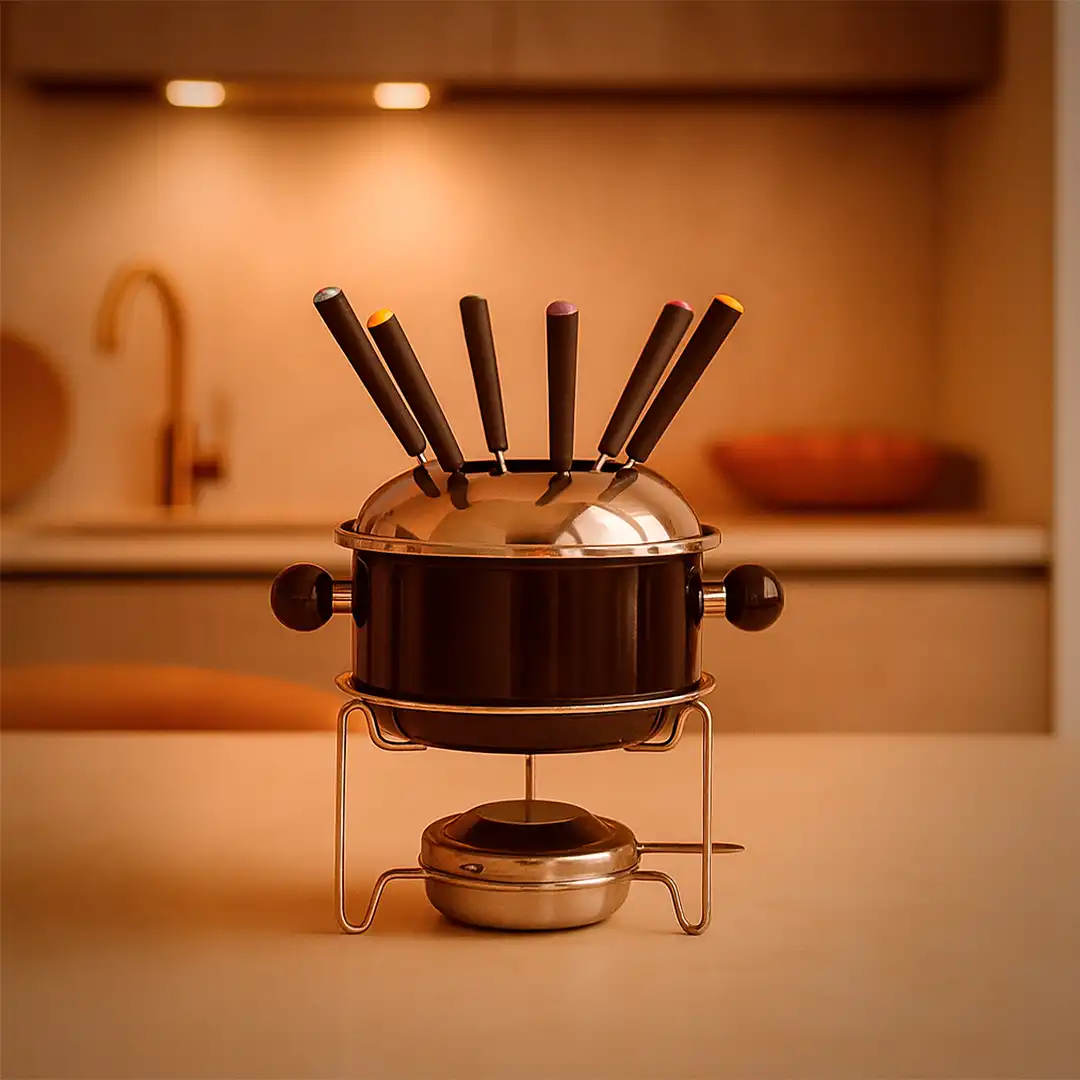 CONJUNTO PARA FONDUE EM AÇO INOX 10 PEÇAS COM TAMPA