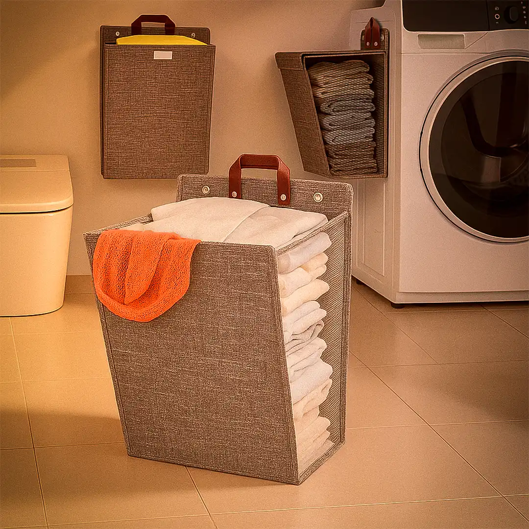 CESTA ORGANIZADORA PARA ROUPAS COM ALÇA E GANCHOS ADESIVOS – DOBRÁVEL E PENDURÁVEL