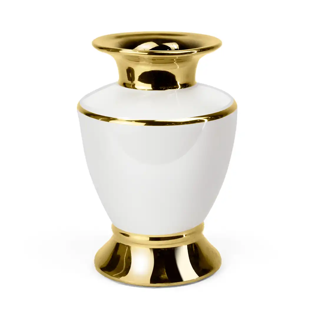 VASO DE PORCELANA DECORATIVO BRANCO COM DETALHES DOURADOS 18CM