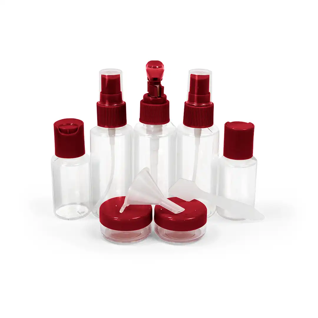 KIT FRASCOS PARA VIAGEM 10 PEÇAS COM ESTOJO – VINHO PRÁTICO E COMPACTO