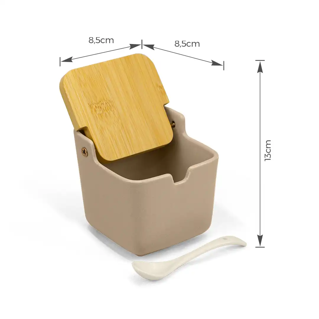 SALEIRO DE CERÂMICA COM TAMPA DE BAMBU E COLHER