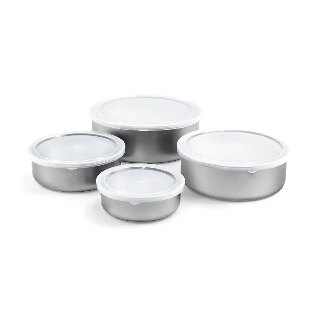 CONJUNTO DE TIGELAS EM AÇO INOX COM TAMPA PLÁSTICA – 4 PEÇAS