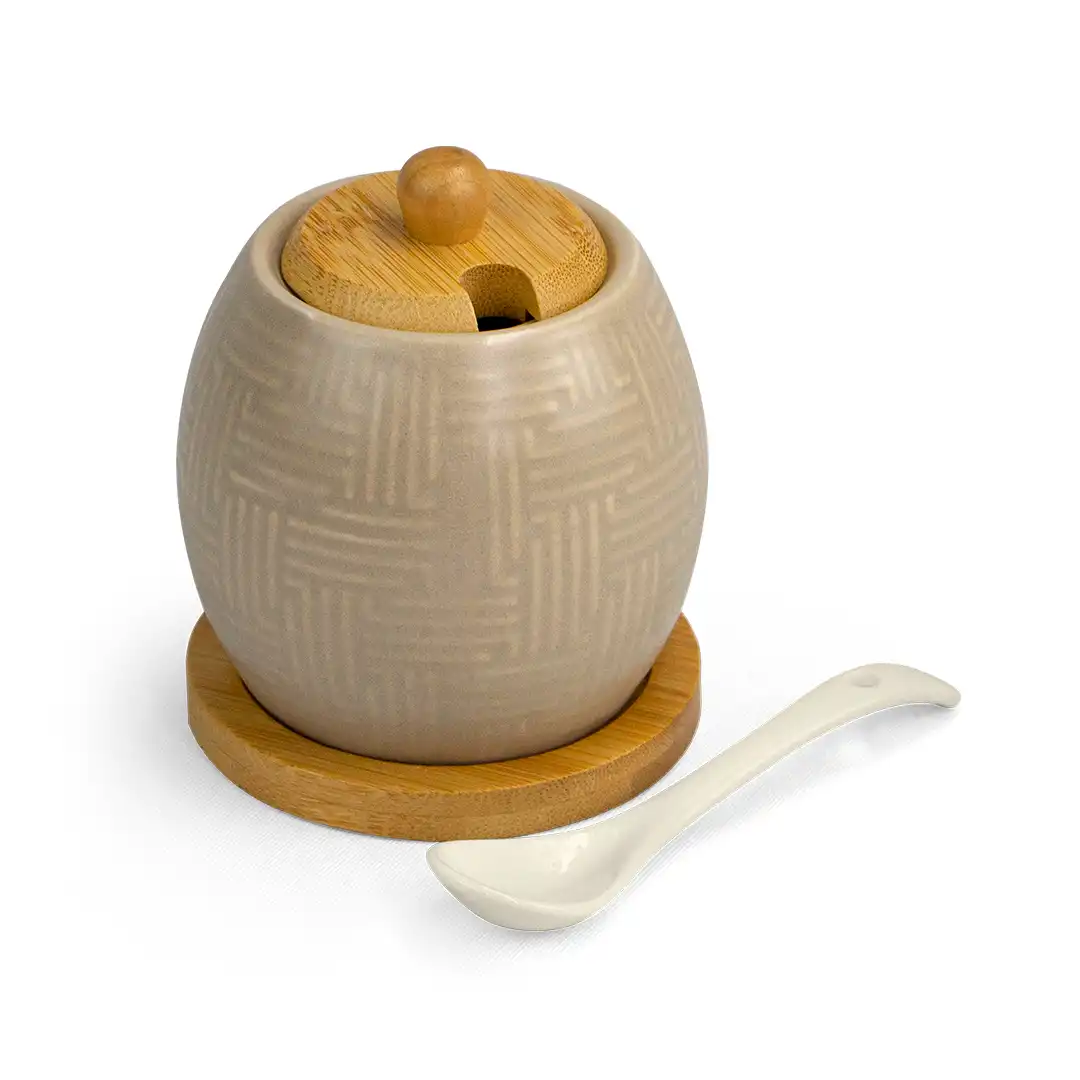 PORTA TEMPEROS DE CERÂMICA COM COLHER E TAMPA DE BAMBU