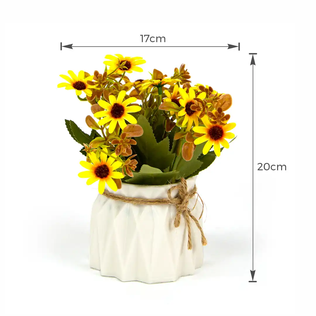 VASO DECORATIVO BRANCO COM FLORES ARTIFICIAIS AMARELAS – 20 CM


