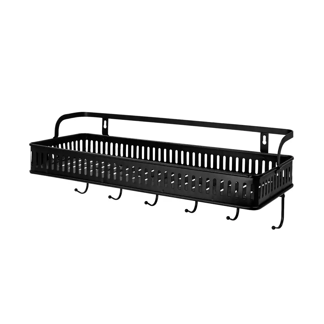 PRATELEIRA ORGANIZADORA DE PAREDE COM GANCHOS 43,5CM PRETA MULTIUSO