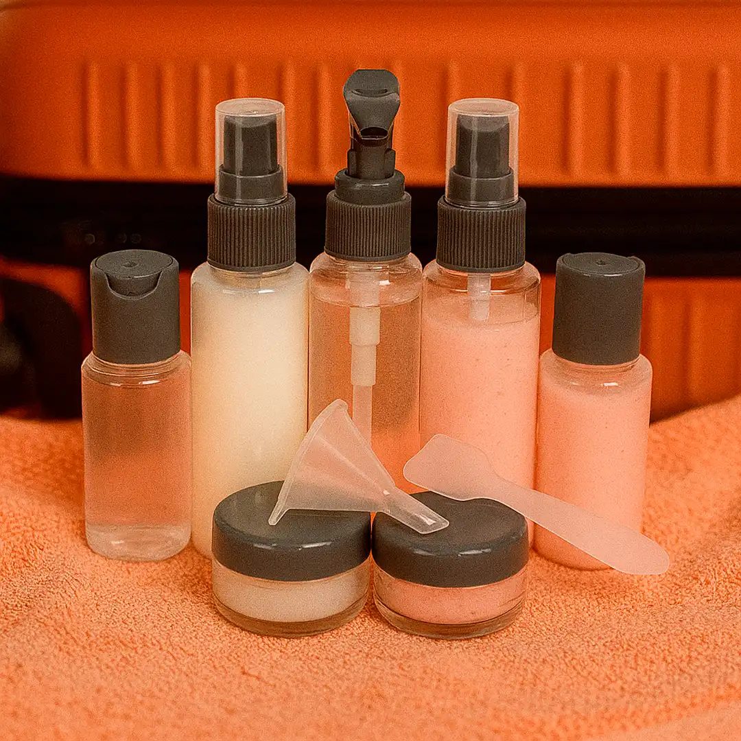 KIT FRASCOS PARA VIAGEM 10 PEÇAS COM ESTOJO – CINZA PRÁTICO E COMPACTO