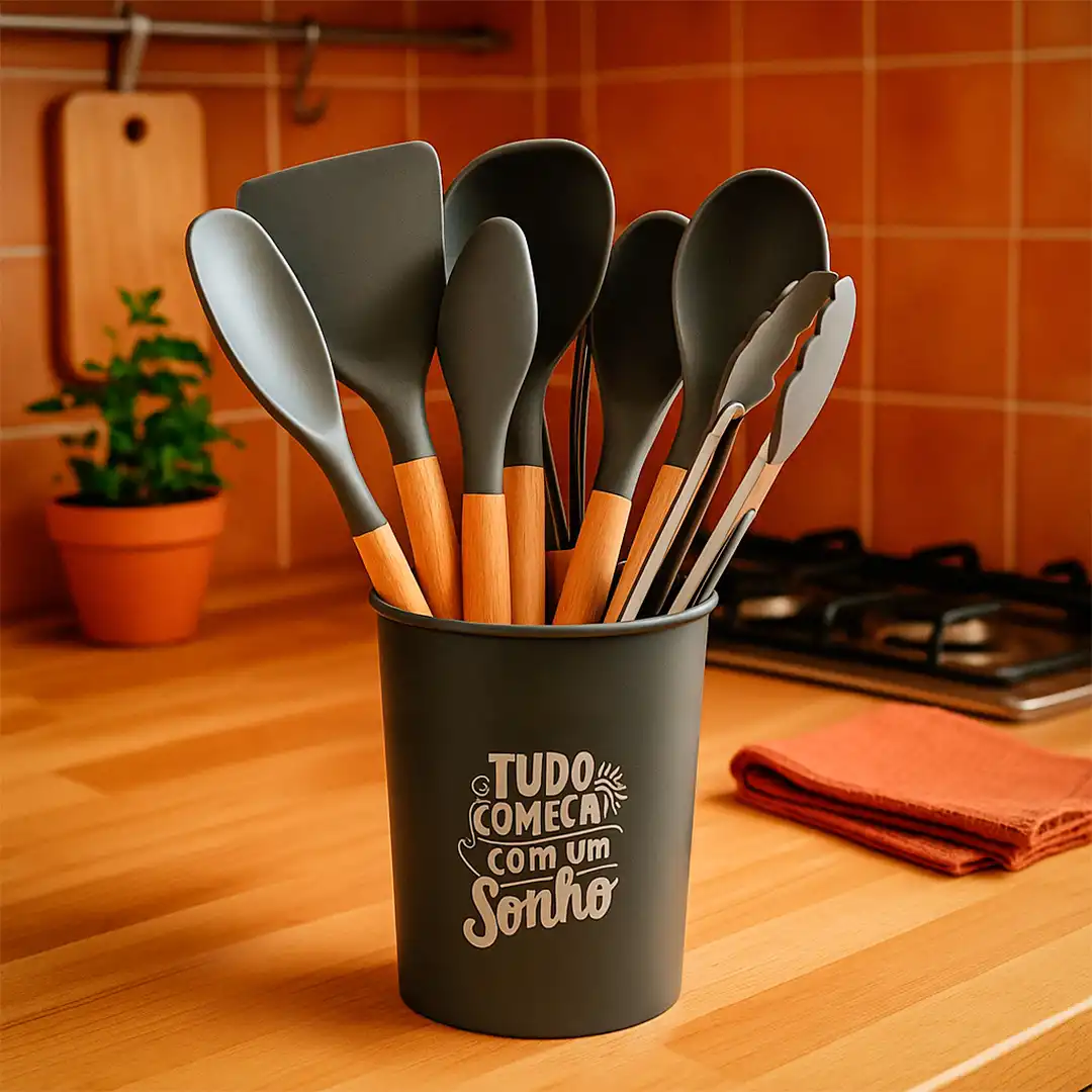 KIT DE UTENSÍLIOS DE COZINHA EM SILICONE E MADEIRA – 12 PEÇAS - SORTIDOS