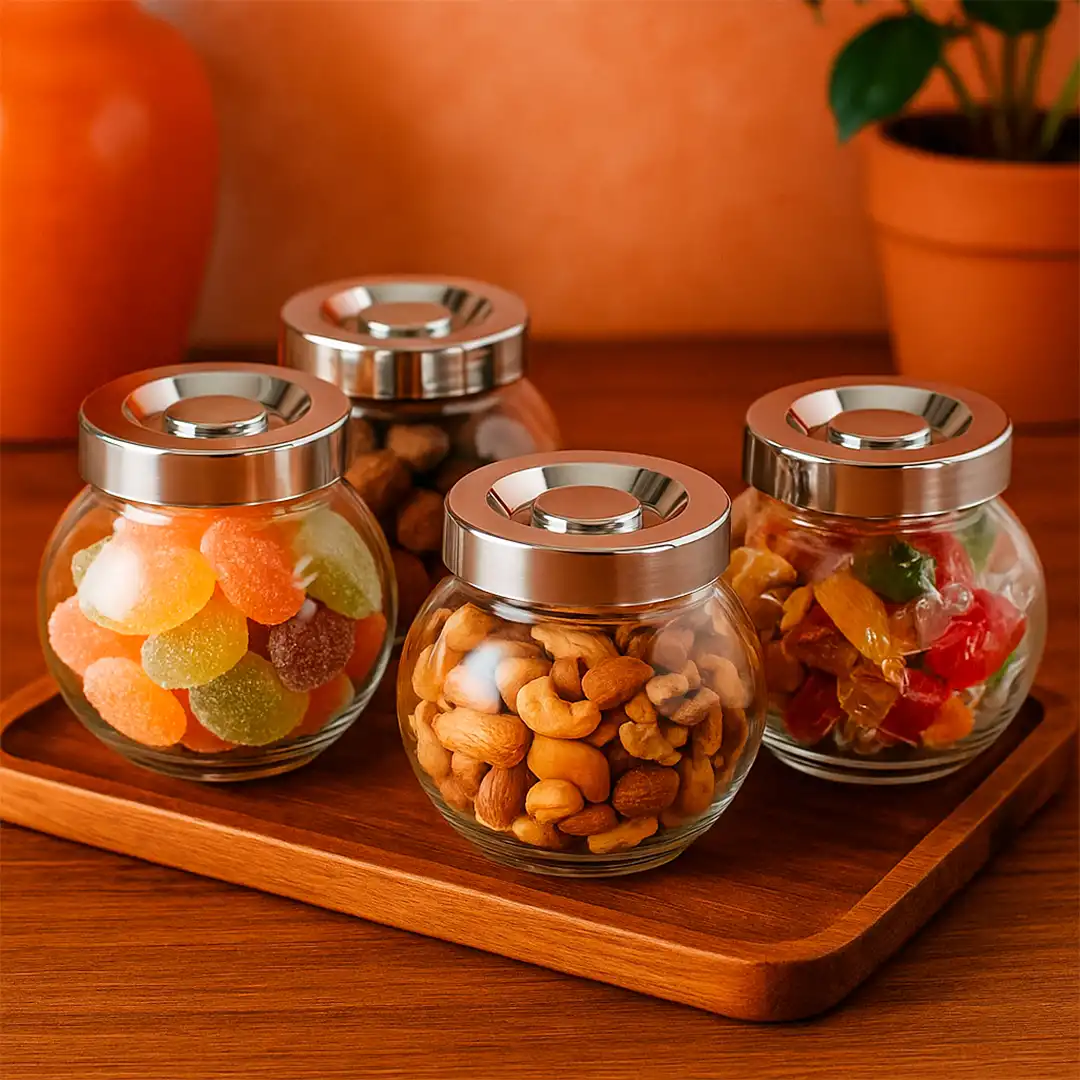 BALEIRO EM VIDRO COM TAMPA PLÁSTICA CROMADA 280ML – KIT COM 4 UNIDADES