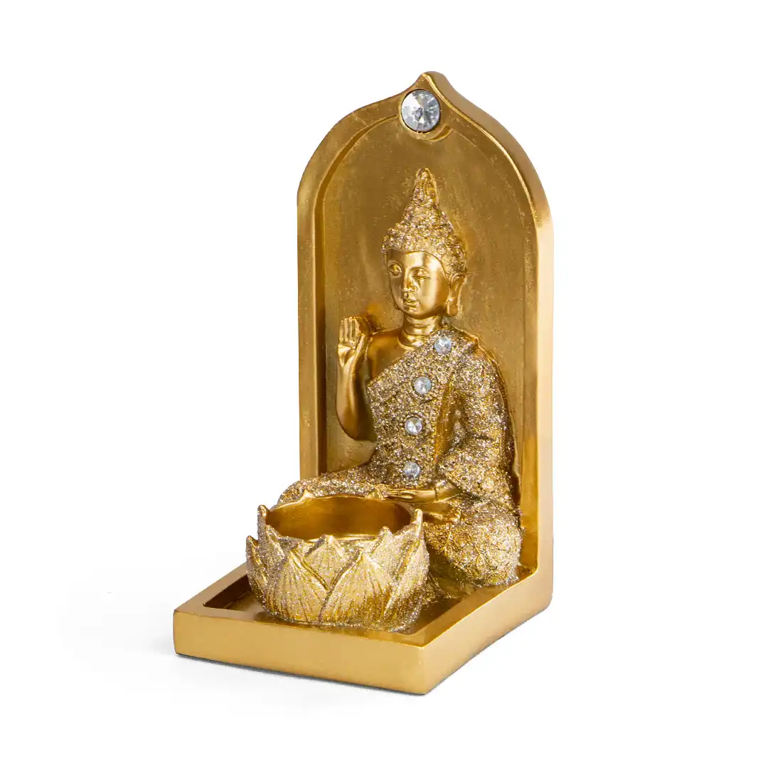 ENFEITE DECORATIVO BUDA EM RESINA DOURADO COM BASE DE FLOR DE LÓTUS – 16x8x7,5CM


