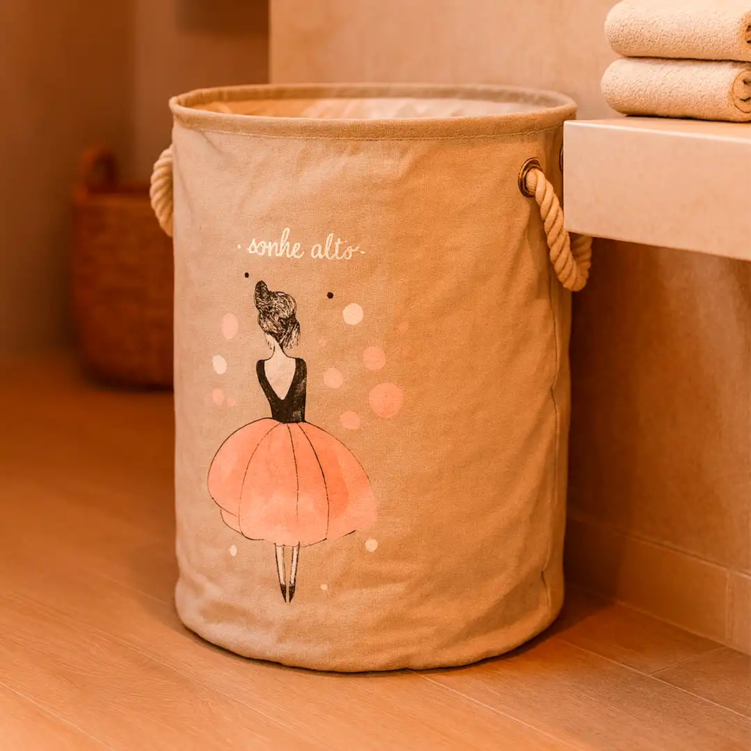 CESTO ORGANIZADOR DOBRÁVEL COM ALÇAS EM CORDA – SONHE ALTO – 41×Ø33 CM