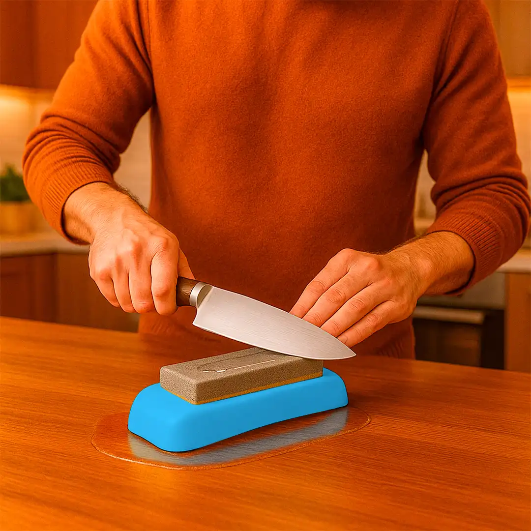 AMOLADOR DE FACAS COM BASE ANTIDERRAPANTE AZUL – 18CM