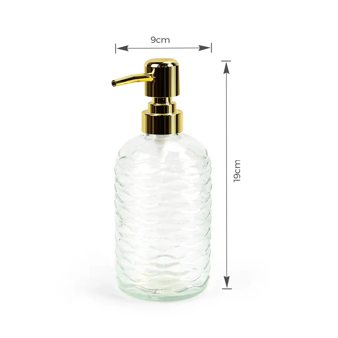 DISPENSER DE SABONETE LÍQUIDO EM VIDRO COM BICO PUMP DOURADO