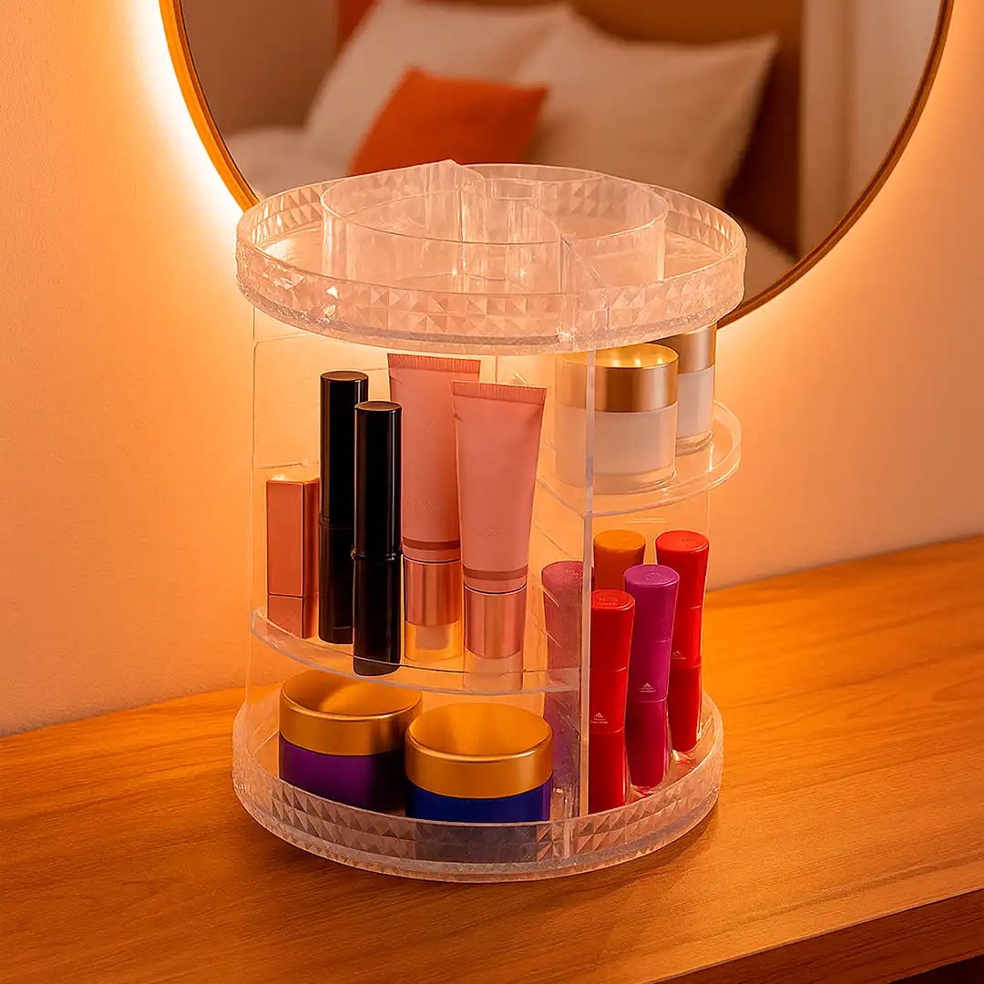 ORGANIZADOR DE COSMÉTICOS ACRÍLICO GIRATÓRIO 360° C/ PRATELEIRAS REGULÁVEIS