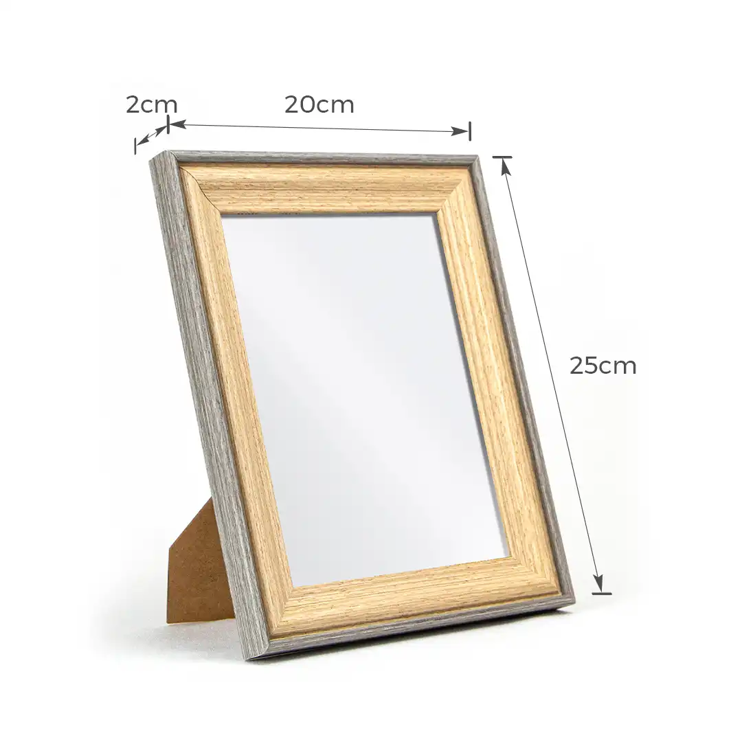 PORTA-RETRATO DECORATIVO 6X8 EM MDF CINZA E MADEIRA CLARA COM PROTEÇÃO EM PLÁSTICO