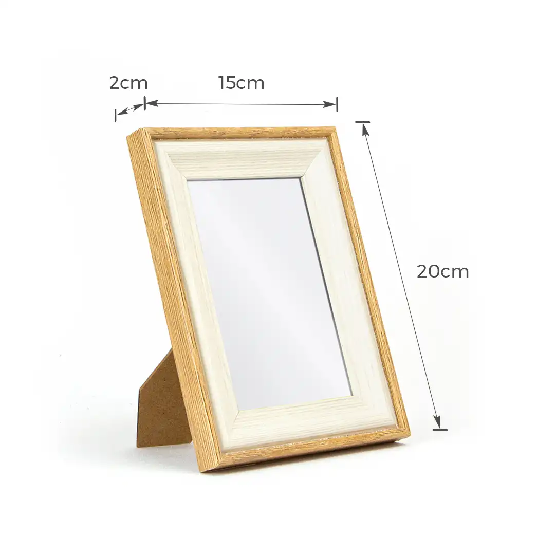 PORTA-RETRATO DECORATIVO 4x6CM EM MDF MADEIRA E BRANCO COM PROTEÇÃO EM PLÁSTICO