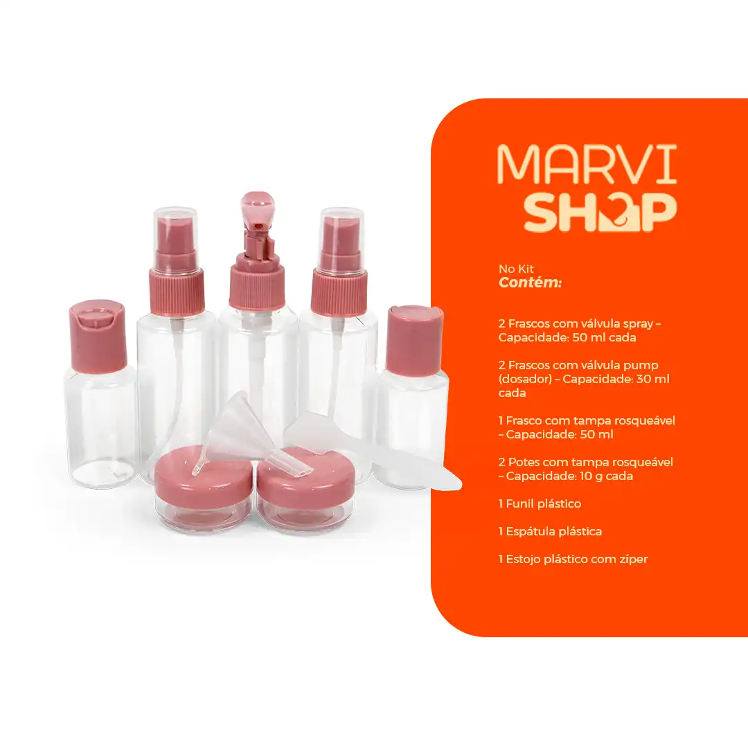 KIT FRASCOS PARA VIAGEM 10 PEÇAS COM ESTOJO – ROSA PRÁTICO E COMPACTO
