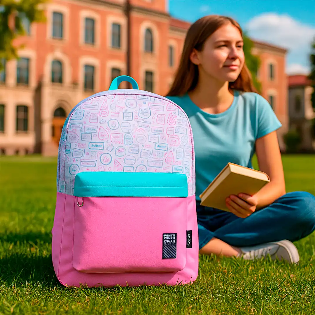 MOCHILA DE TECIDO COM 2 BOLSOS 46X30CM - ROSA