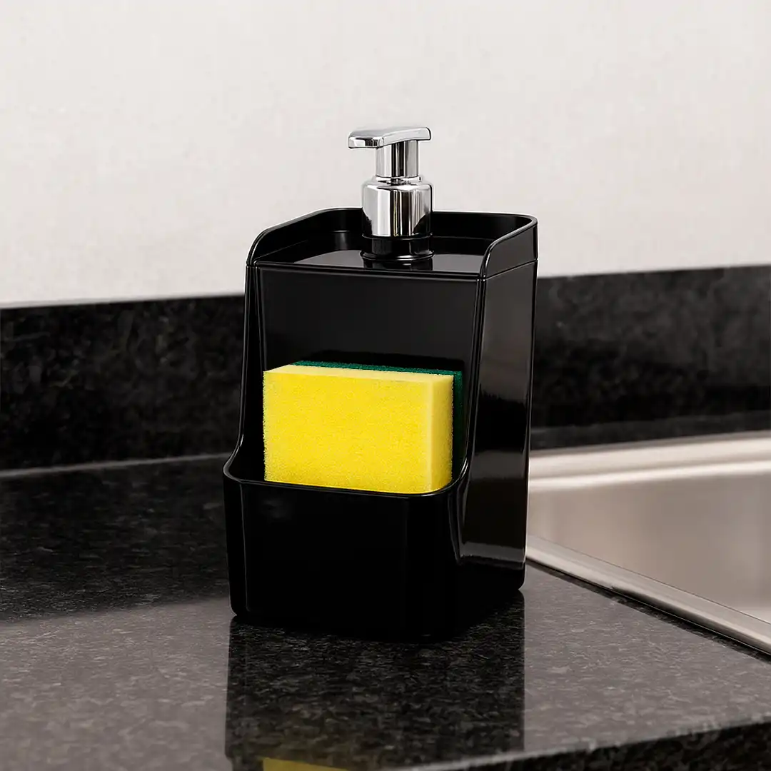 PORTA DETERGENTE PRETO COM PORTA-ESPONJA – 18,5 CM