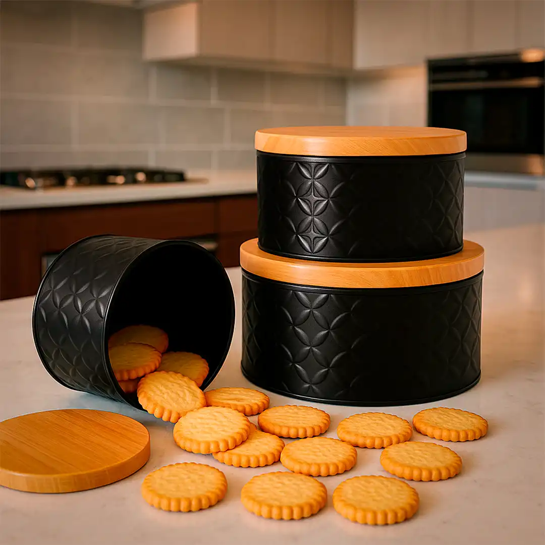 KIT COM 3 POTES DE METAL PRETO COM TAMPA – 21CM, 18CM, 14,3CM