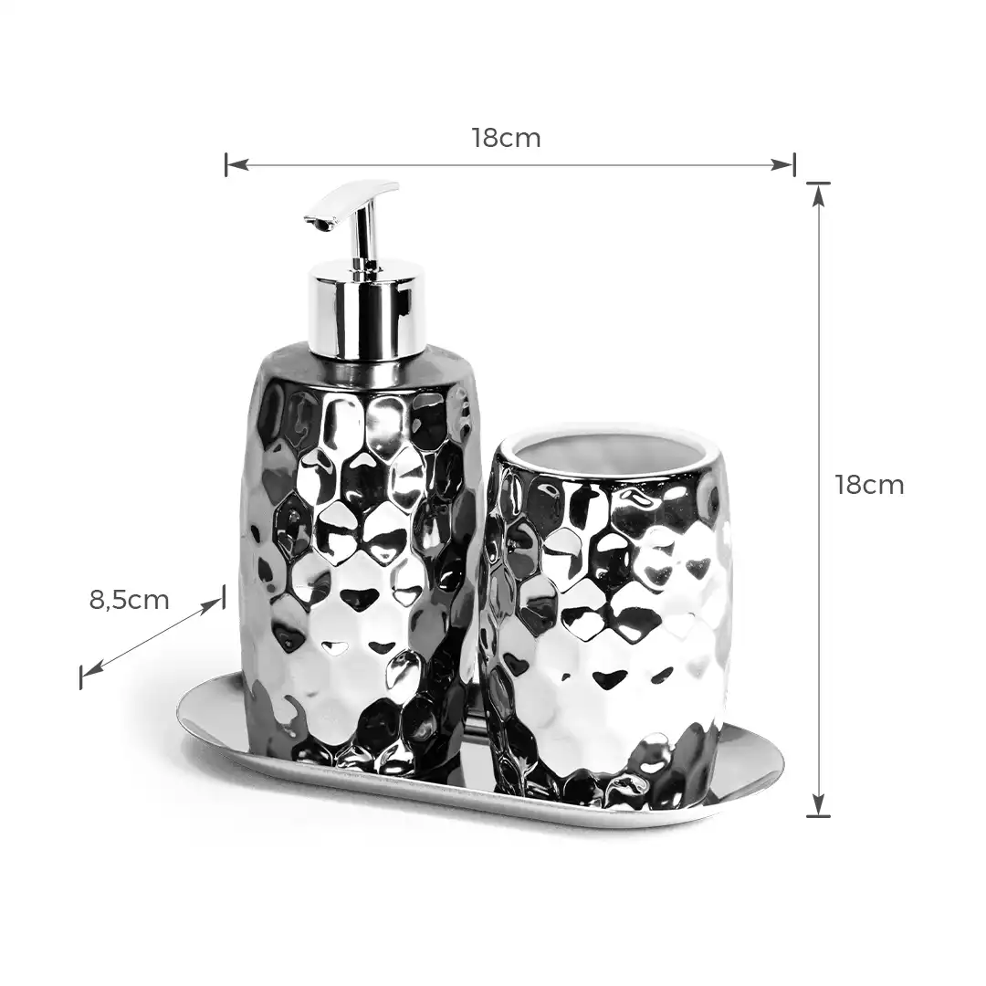 KIT LAVABO BANHEIRO PORCELANA PRATA COM BANDEJA – 3 PEÇAS 18x8,5CM