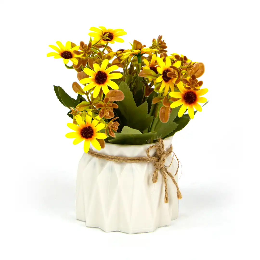 VASO DECORATIVO BRANCO COM FLORES ARTIFICIAIS AMARELAS – 20 CM


