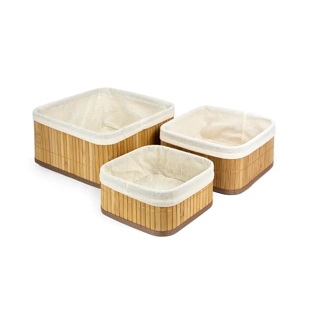 KIT CESTOS ORGANIZADORES DE BAMBU COM FORRO DE ALGODÃO - 3 PEÇAS