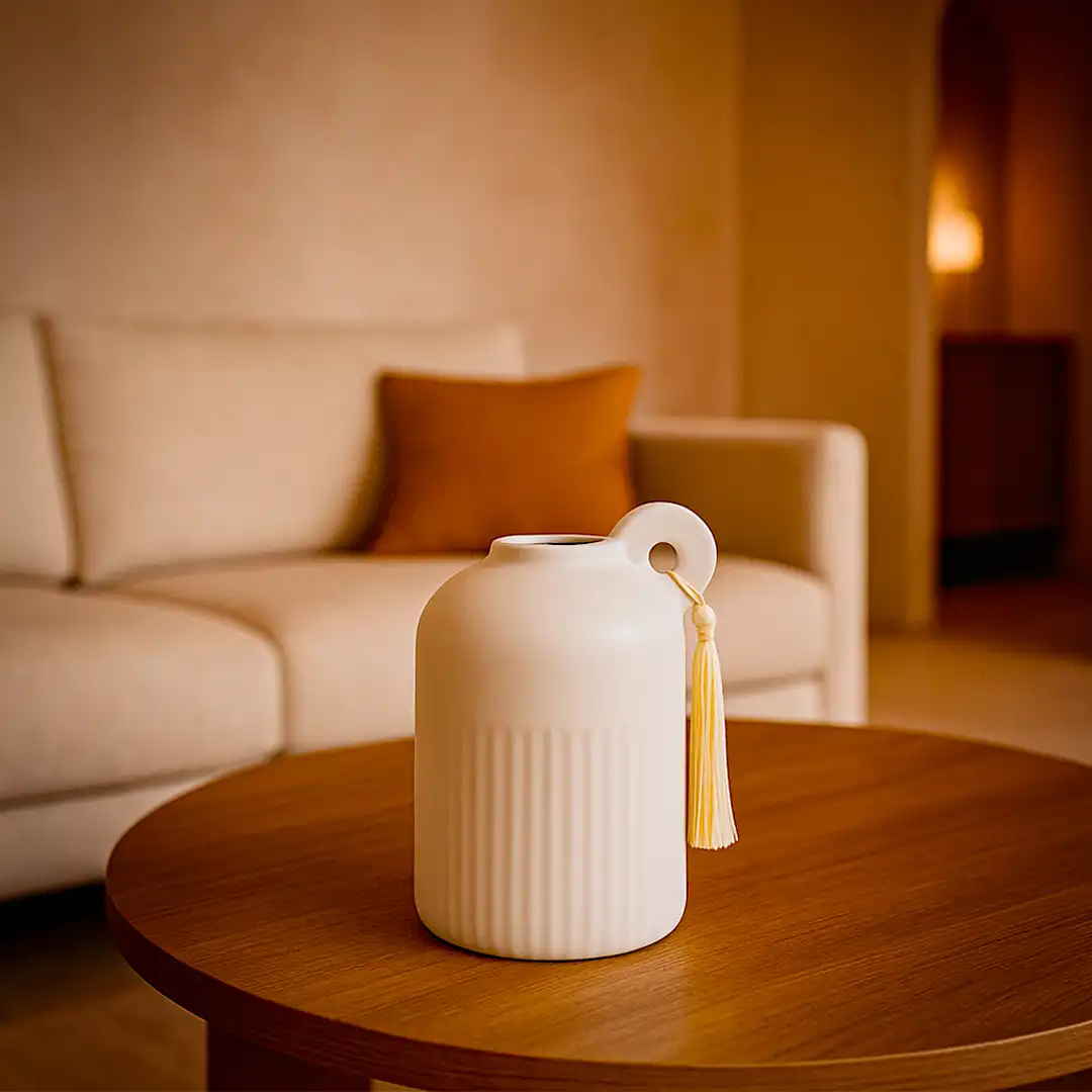 VASO DE PORCELANA DECORATIVO BRANCO COM ALÇA E PENDENTE 16CM