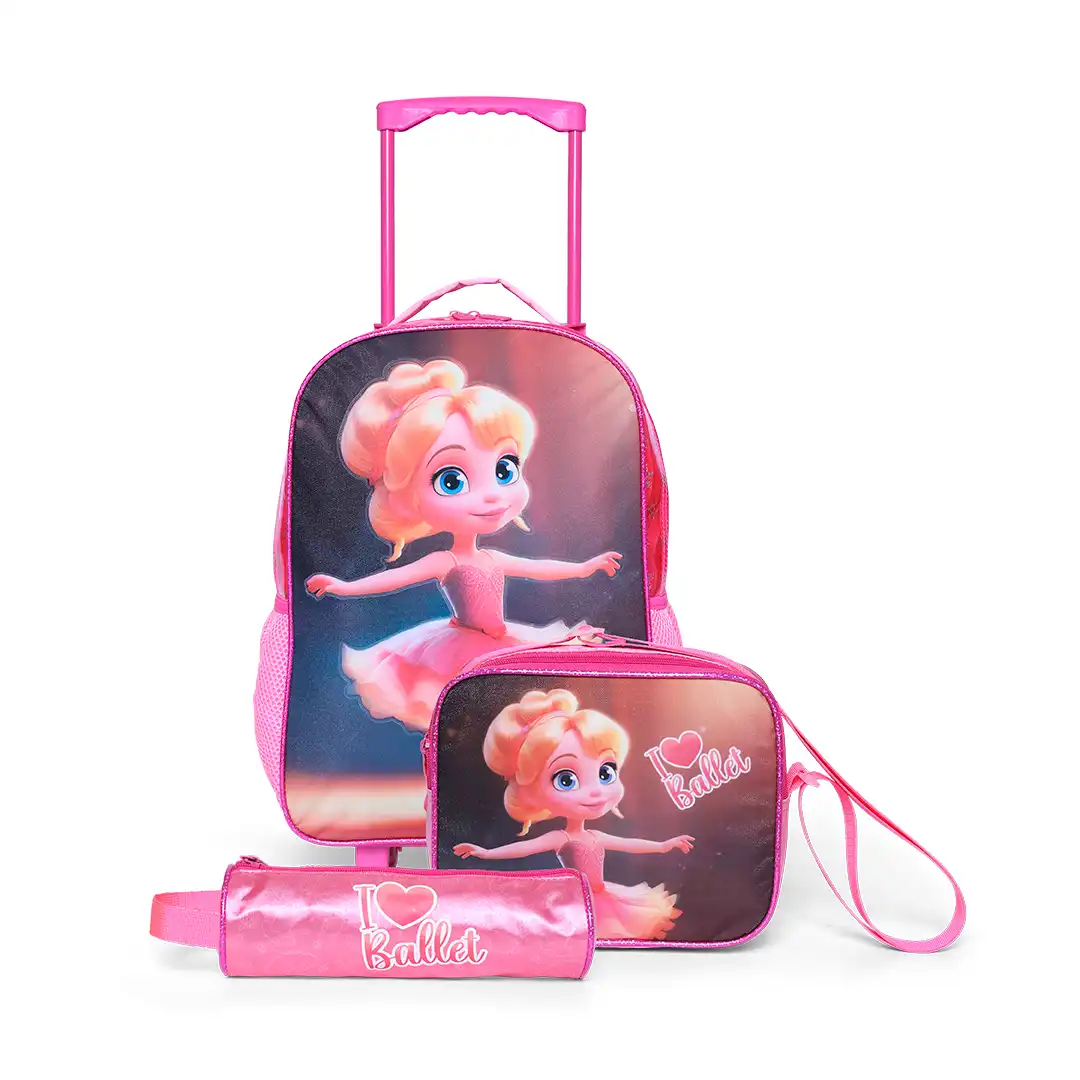 MOCHILA INFANTIL COM RODINHAS 3 PEÇAS - ROSA