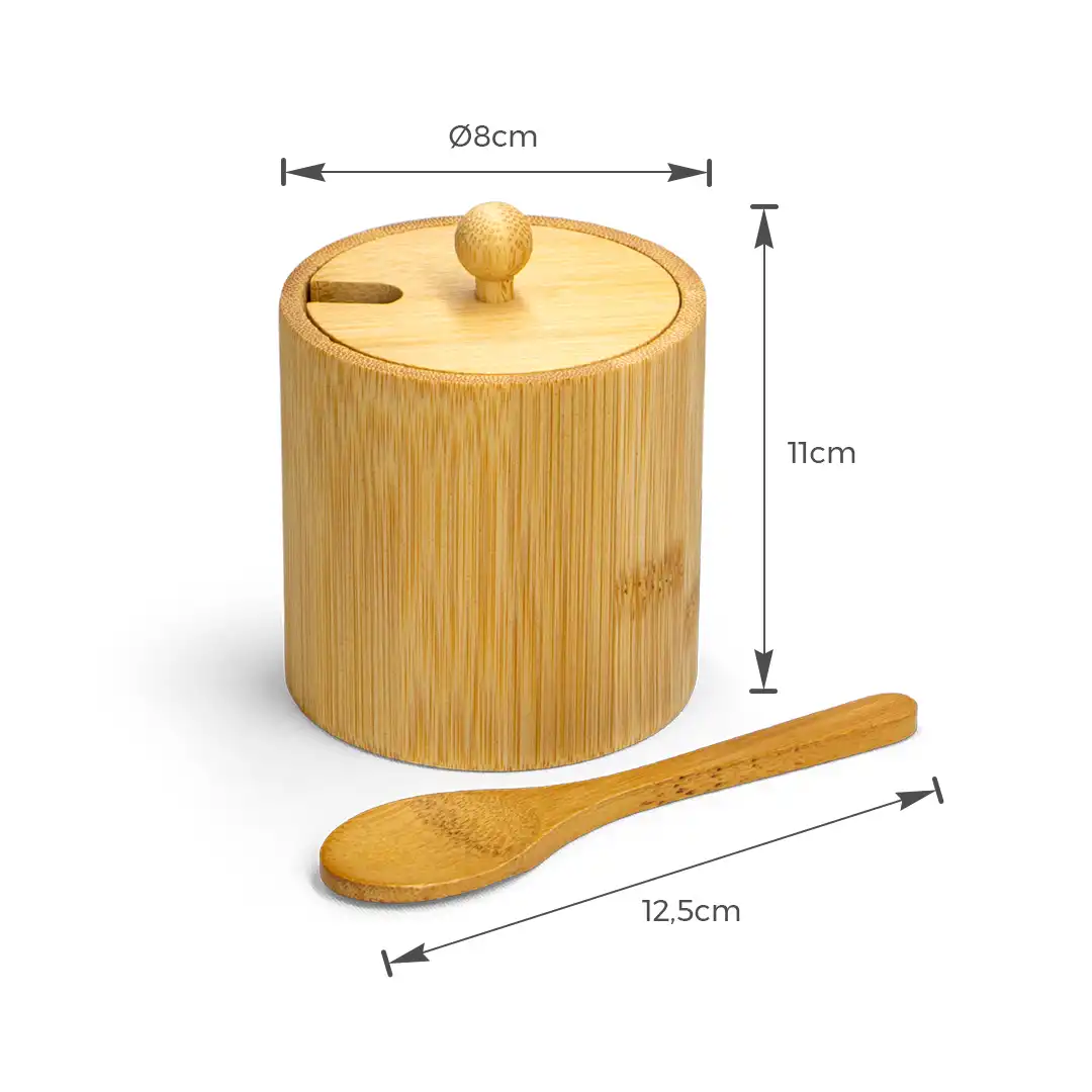 POTE DE BAMBU COM TAMPA E COLHER 8X8CM – PORTA TEMPEROS OU AÇUCAREIRO ECOLÓGICO