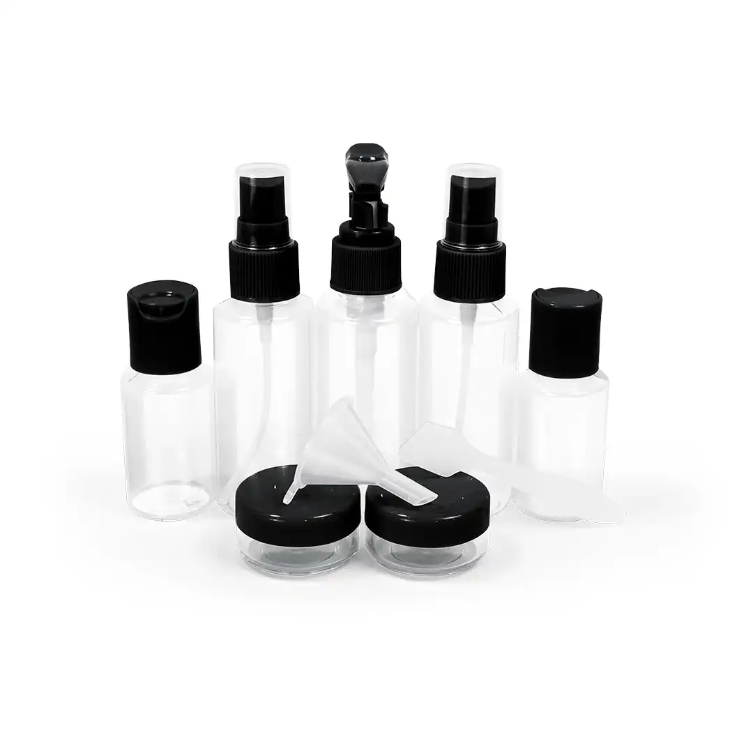 KIT FRASCOS PARA VIAGEM 10 PEÇAS COM ESTOJO – PRETO PRÁTICO E COMPACTO