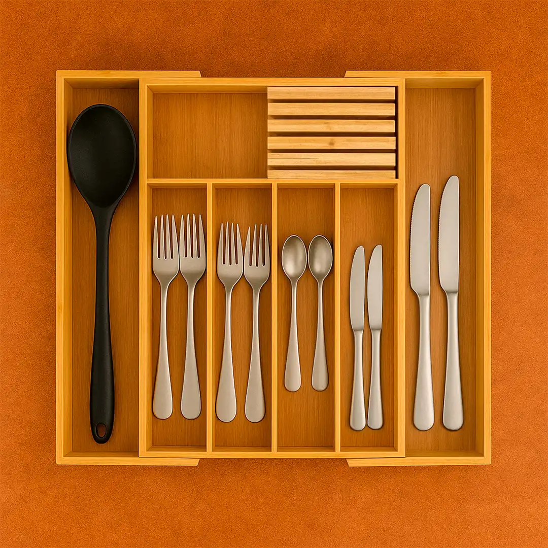 ORGANIZADOR DE TALHERES EXTENSÍVEL EM BAMBU E MDF