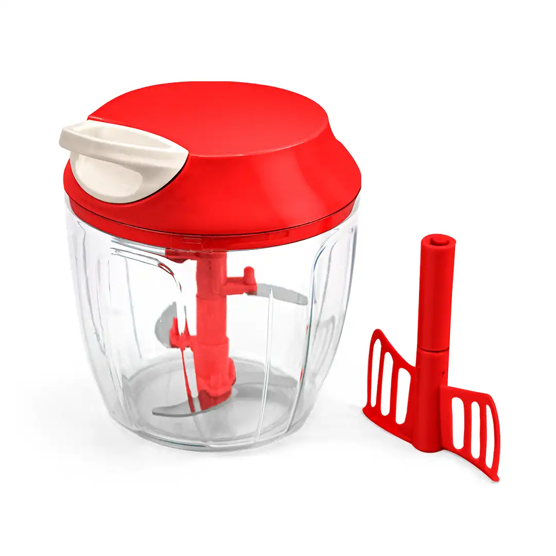 PROCESSADOR MANUAL DE ALIMENTOS COM LÂMINAS INOX E BATEDOR – 14 CM