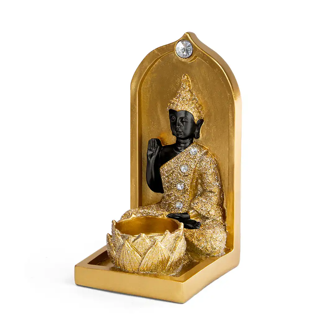 ENFEITE DECORATIVO BUDA EM RESINA PRETO E DOURADO COM BASE DE FLOR DE LÓTUS – 16x8x7,5CM


