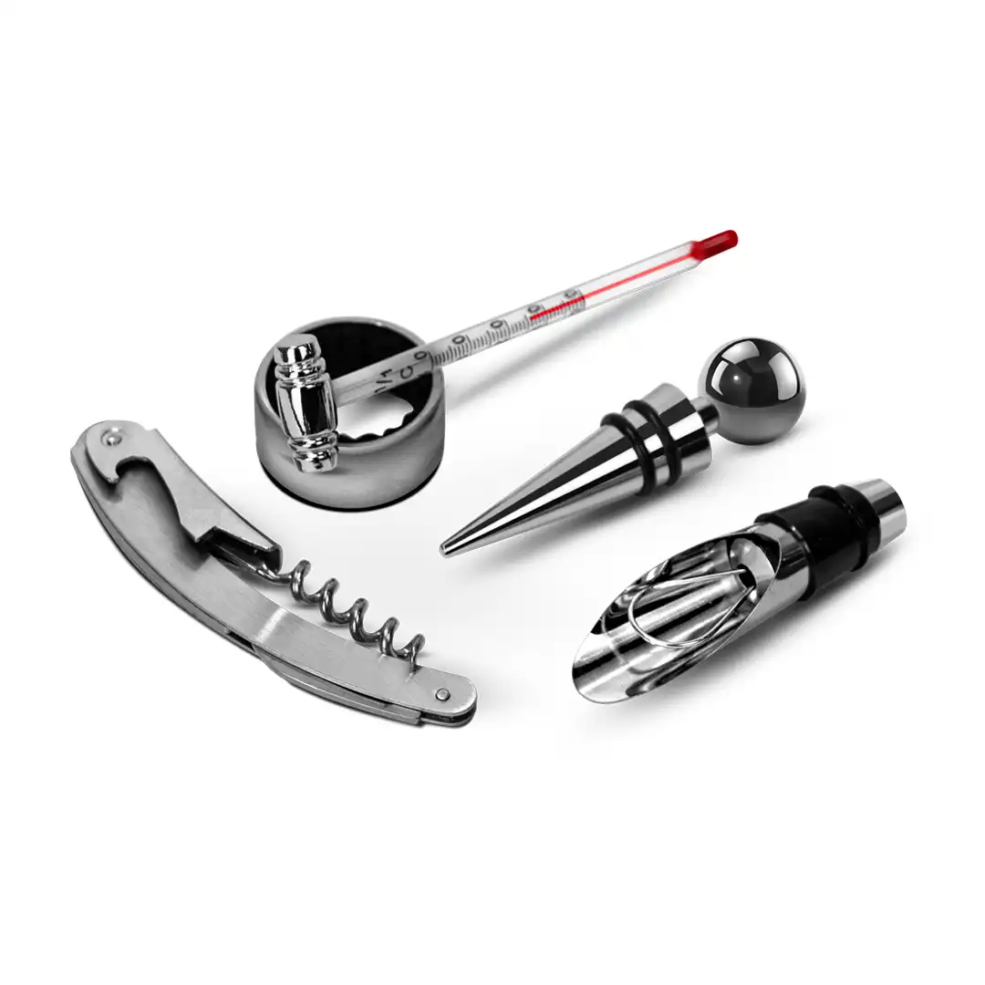 KIT PARA VINHO 5 PEÇAS COM CAIXA DE MADEIRA ELEGANTE E FUNCIONAL