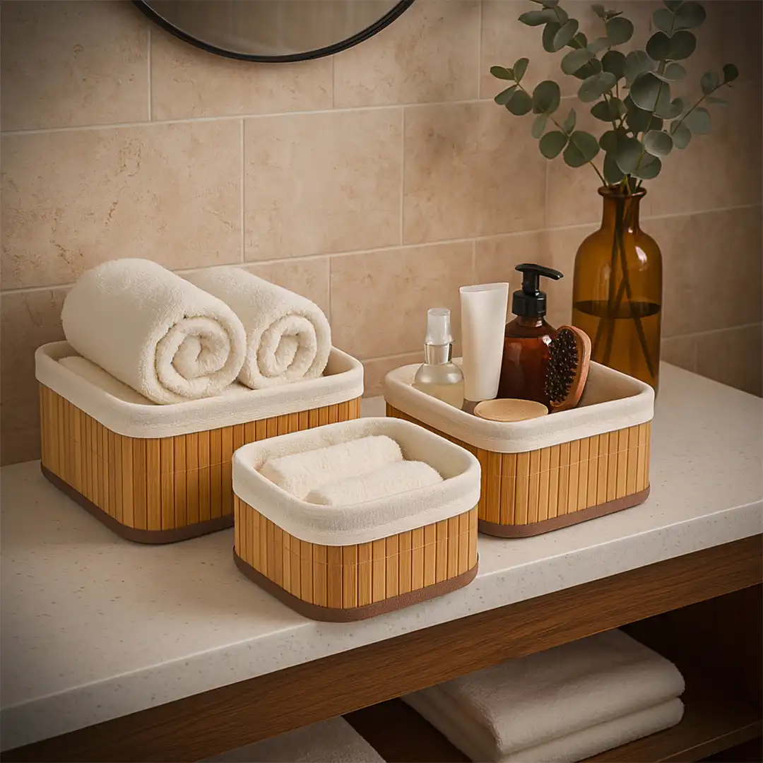 KIT CESTOS ORGANIZADORES DE BAMBU COM FORRO DE ALGODÃO - 3 PEÇAS